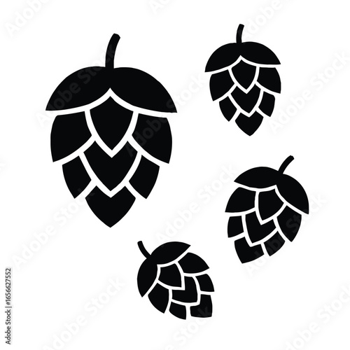 Black silhouettes of four hops cones on a white background hop cones brewing