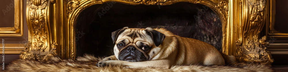 Obraz premium King pug resting calmly on fur rug near an old golden fireplace