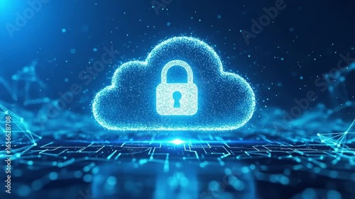 Glowing cloud icon protects data with a padlock symbol A network of digital connections illuminates the cyber landscape promising security for virtual storage