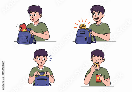 Boy's happy snack discovery from backpack: A four-panel cartoon sequence of finding and enjoying a treat.