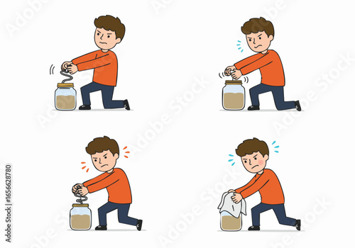 Illustrated guide: Man struggling to open a stubborn jar, depicting effort, frustration, and a helpful tip using a cloth for better grip.