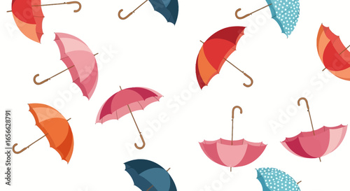 A colorful pattern of various open umbrellas scattered against a white background.