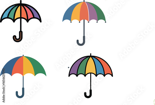 Colorful umbrella set vector illustration with rain and weather icons