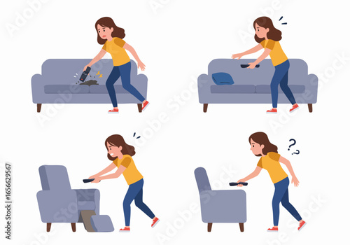 Frustrated woman searching for lost TV remote control under sofa and armchair cushions in her living room, depicting a common household struggle.