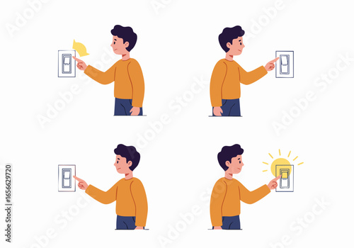 Illustration of a Man Turning On a Light Switch: From Off to On