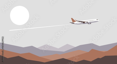 An airplane soars above a scenic mountain range under a bright sun, leaving a white trail in the sky, symbolizing travel and adventure