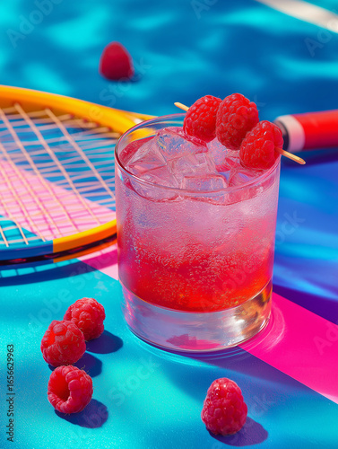 Honey Deuce cocktail in a frosted glass with fresh raspberries, next to a new tennis racket on a vibrant tennis court, shot from above, high saturation, surreal pop glamour, bold colors, glossy lighti