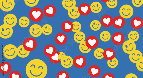 Cheerful smiley faces and hearts scattered on a blue background, representing positivity and social media engagement.