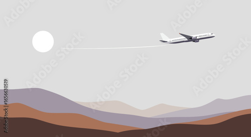 An airplane soars above a scenic mountain range under a bright sun, leaving a white trail in the sky, symbolizing travel and adventure