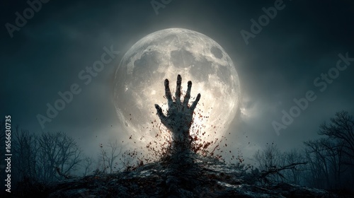Zombie hand reaching up in front of a full moon on Halloween night