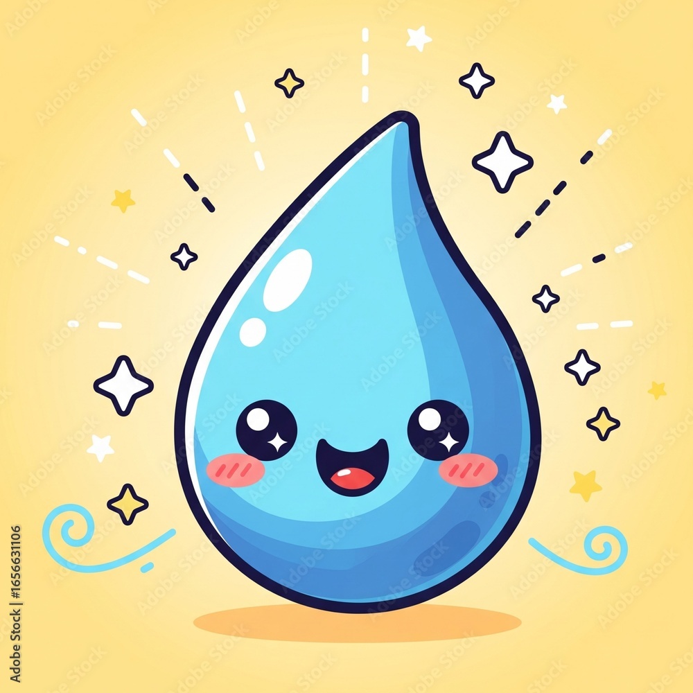 Naklejka premium Adorable kawaii water drop character illustration with a happy, smiling face and sparkling stars. Cute mascot for purity and hydration concepts.