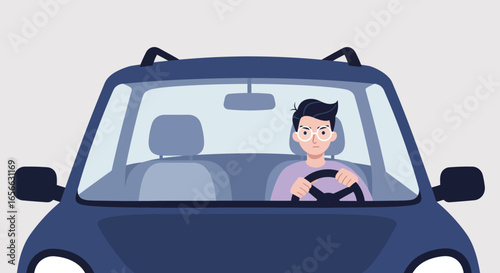 A blue car with a driver behind the wheel, navigating the road, symbolizing modern urban transportation and the freedom of automobile travel