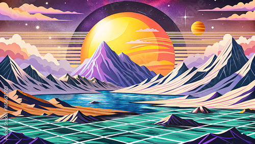 Retro futuristic synthwave landscape with glowing sun rising over alien mountains in deep space. 80s styled neon scenery perfect for digital art, wallpaper, and design.