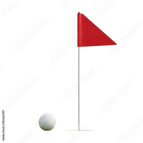 Golf ball and red flag on transparent background, representing the sport of golf and its equipment