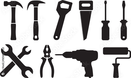 Silhouette icons of various hand tools including hammers, wrenches, pliers, and drill vector