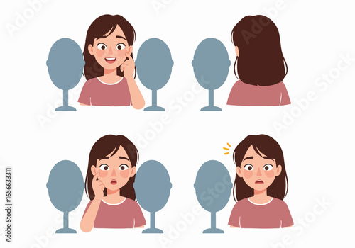 Woman's skincare journey: from joy to shock, examining her face and skin concerns in the mirror. Self-care, beauty, aging, and imperfection.