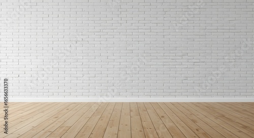 Empty Room with White Brick Wall and Wooden Floor