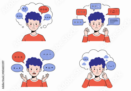 Young Man Overwhelmed by Thoughts and Messages: An Illustration of Information Overload, Communication Stress, and Mental Anxiety in the Digital Age.