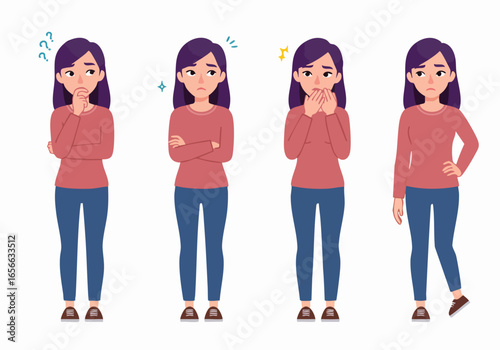 Vector illustration set of a young woman's emotional spectrum, depicting confusion, frustration, shock, and disappointment in various poses.