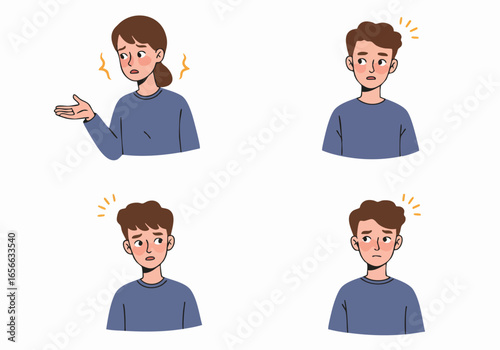 Cartoon illustrations depicting various expressions of confusion, worry, and embarrassment in young men and a woman, highlighted by emotional sparks.