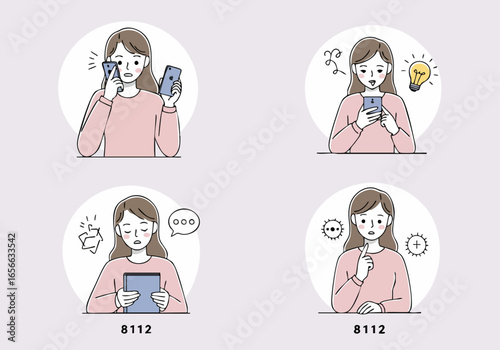 Woman's digital life: illustrations showing phone calls, new ideas, information overload, and problem-solving with technology.