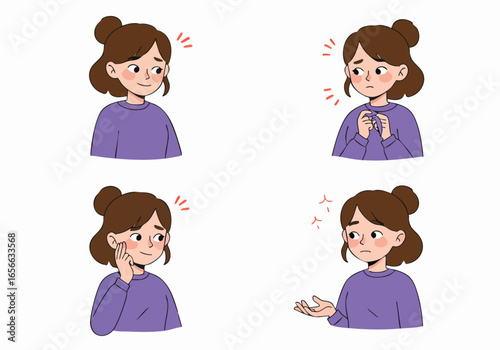 Set of Cartoon Woman Expressions: Thoughtful, Anxious, Shy, and Frustrated Emotions Illustrated