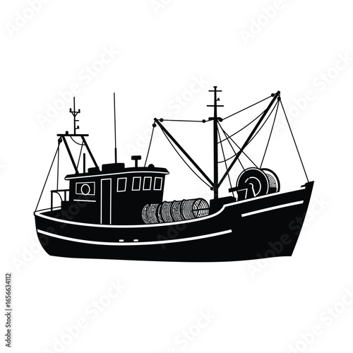 Silhouette of a Fishing Trawler Boat with Nets and Equipment