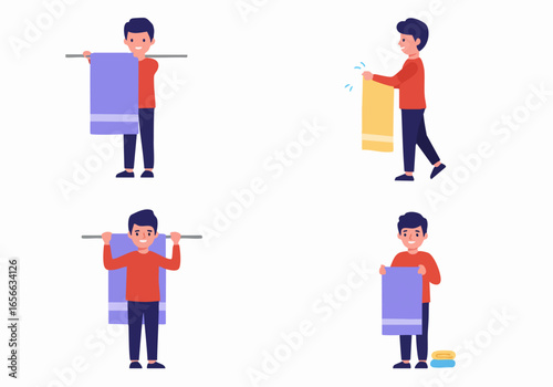 Man demonstrating towel handling for laundry and hygiene chores.