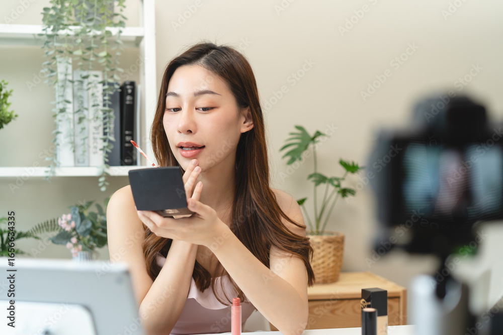 Social media influencer beauty blogger concept, Young beautiful woman recording video review cosmetic and makeup tutorial. Social media influencer beauty blogger concept, Young beautiful woman recording video review cosmetic and makeup tutorial.
