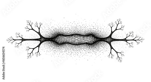 Intricate line drawing of a neuron, showcasing its complex branching structure and central node.