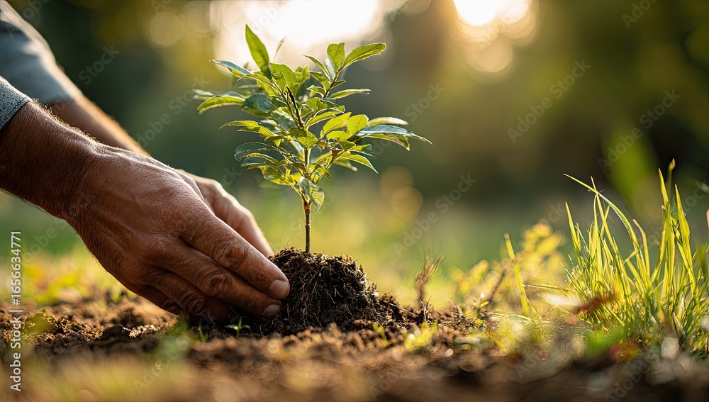 Fototapeta premium Planting a sapling in the evening sun