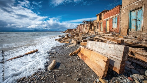 Coastal devastation; dilapidated houses on a ravaged shoreline, wooden debris washed ashore