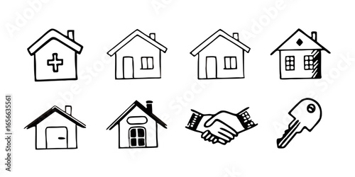 Collection of hand drawn house icons with different designs and a key and handshake illustration vector
