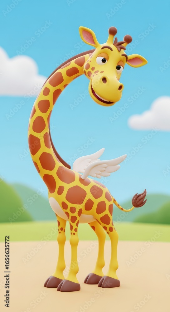 Obraz premium Whimsical Giraffe with Wings Animated Character on a Sunny Day Dream Landscape