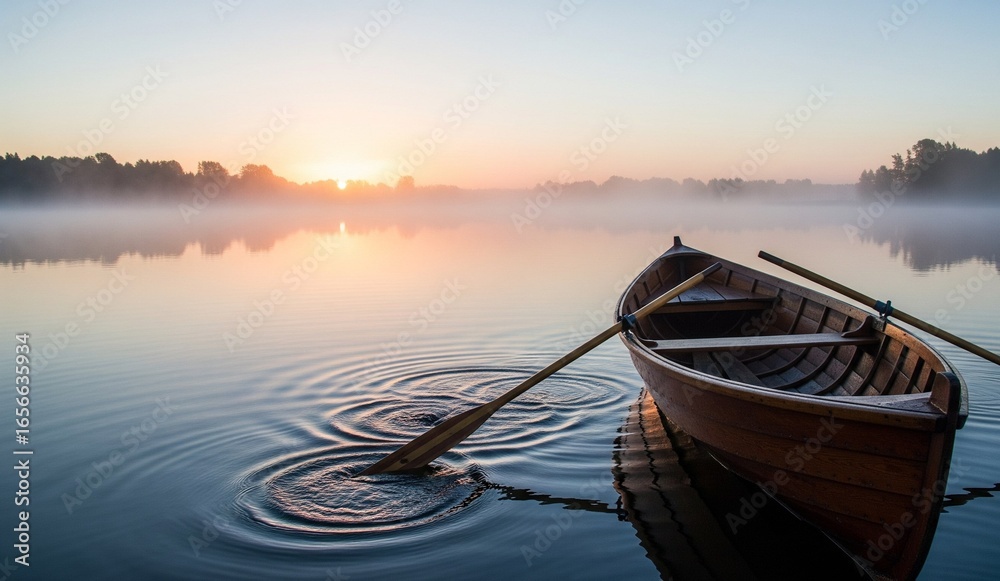 Fototapeta premium Ein hölzernes Ruderboot liegt auf einem stillen See in der Morgendämmerung