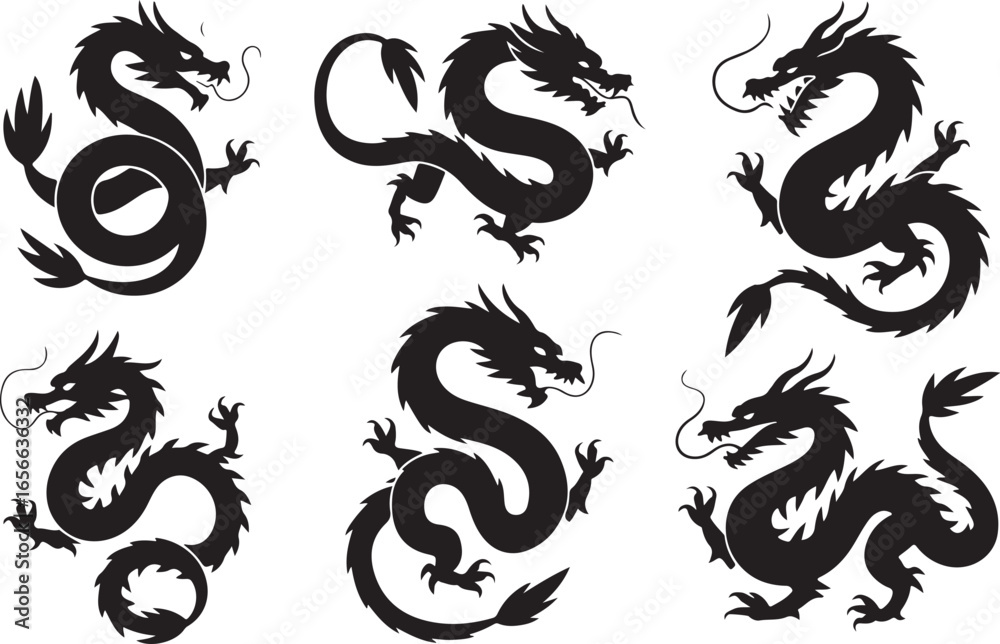 Fototapeta premium Powerful Dragon Silhouette Vector Collection for Mythical Art and Culture