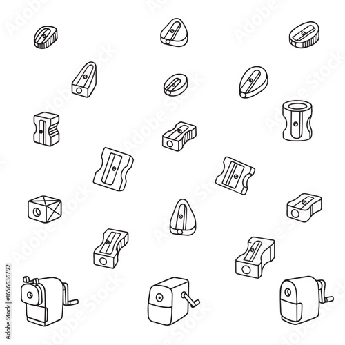 Vector illustration featuring a collection of different pencil sharpeners in assorted shapes and designs. Each sharpener is distinct, providing a variety of options for pencil enthusiasts.