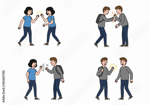 Illustrations of individuals practicing social distancing, avoiding direct physical contact like high fives and fist bumps due to health concerns.