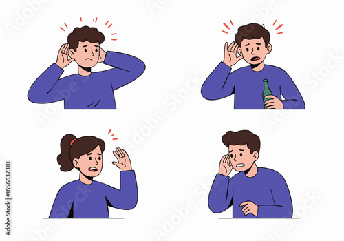 Cartoon illustrations of people experiencing hearing difficulties, loud noise discomfort, and communication challenges, depicting various ear-related issues.