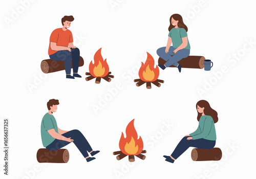 Flat illustration of diverse friends and couples enjoying campfires while sitting on logs, depicting outdoor leisure and social bonding.