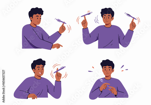 Young man demonstrating pen spinning tricks and fidgeting with a writing instrument, illustrating habits, focus, and playful distractions.