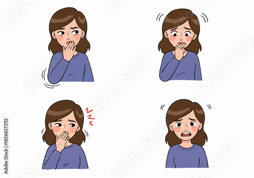 Cartoon set of a woman's expressions showing fear, anxiety, shock, and worry, with hands covering mouth, isolated on white background.