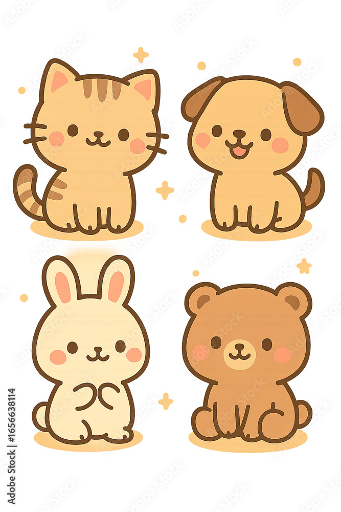 Fototapeta premium Whimsical Critters' Cartoon: Captivating cartoon drawing of a cuddly cat, adorable dog, cute bunny and adorable bear, each exuding an irresistibly charming aura that brings joy and warmth.