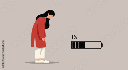 A woman experiences burnout, feeling exhausted and depleted, with her energy levels at a low 1, symbolizing the challenges of mental health and stress