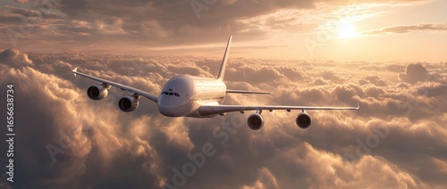 Majestic Airplane Soaring Above Golden Clouds at Sunset