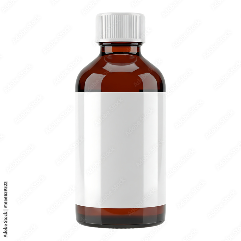 Fototapeta premium Amber glass bottle with white label and cap, isolated on transparent background