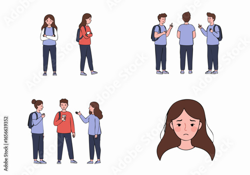 Diverse flat design illustrations of young people showcasing emotions and social interactions, including sadness, conversation, and isolation.