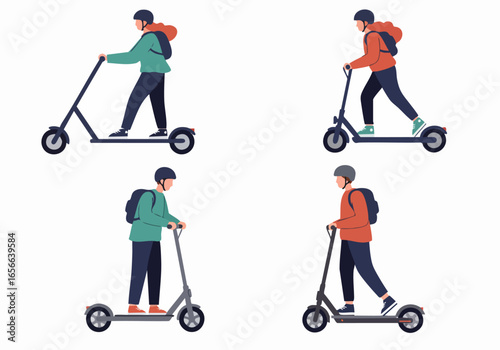 Diverse individuals riding electric scooters, showcasing modern urban mobility and eco-friendly transportation, flat vector illustration set.