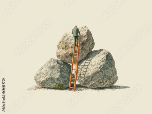 Surmounting Obstacles: A Man Ascends a Ladder Towards Success