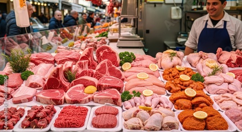 Vibrant display of fresh raw meat cuts including beef and poultry at a traditional butcher shop stall.